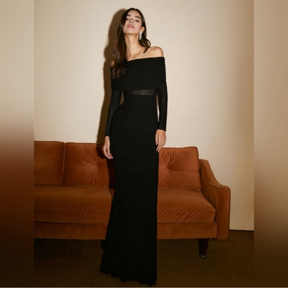 Commense Overfold Off-Shoulder Mesh Long Sleeve Long Dress, SMALL NWT